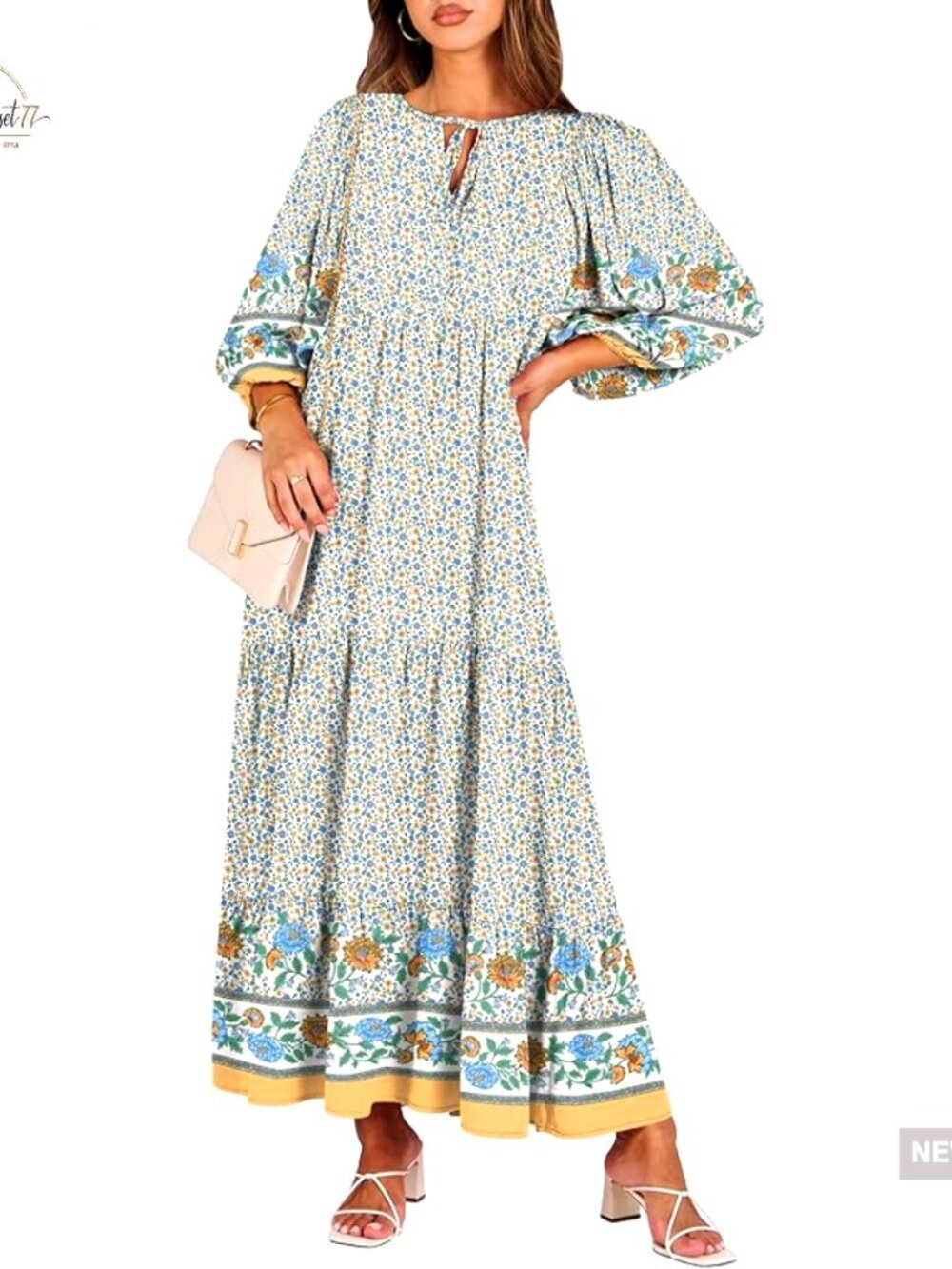 Boho Maxi Dress Puff Sleeve V Neck Flowy Swing Casual Long Dress